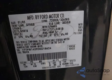 2005 Ford F-150 Fx4/Lariat/Xlt z USA, uszkodzony, nr VIN 1FTPW14595KD18624